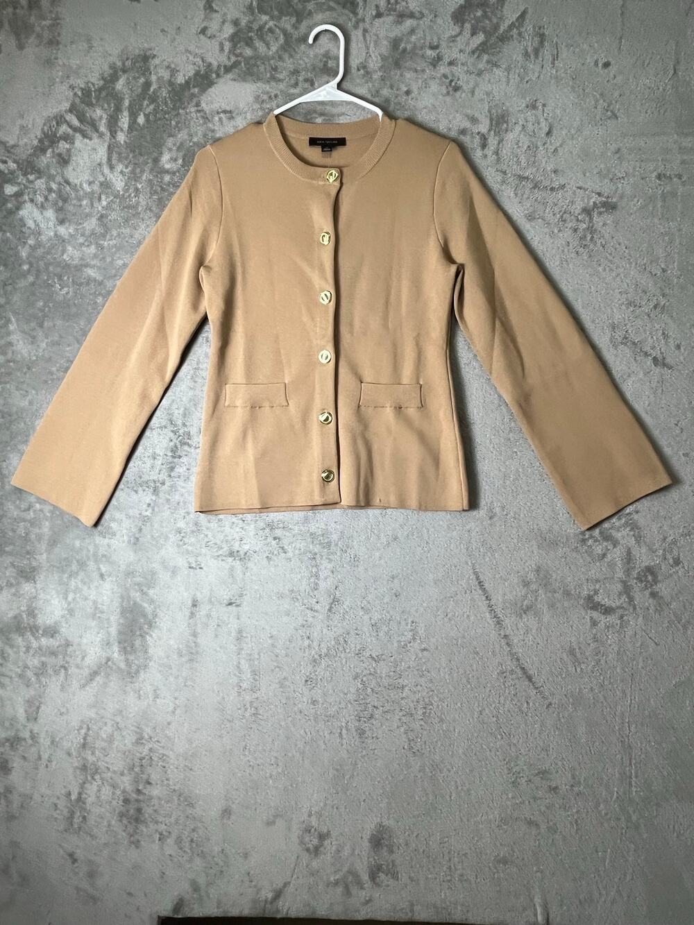 Ann Taylor Camel Flare Sleeve Knit Cardigan XS Gold Button Quiet Luxury New
